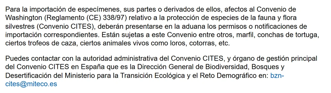 Captura de la página de la Agencia Tributaria sobre especies amenazadas y permisos CITES