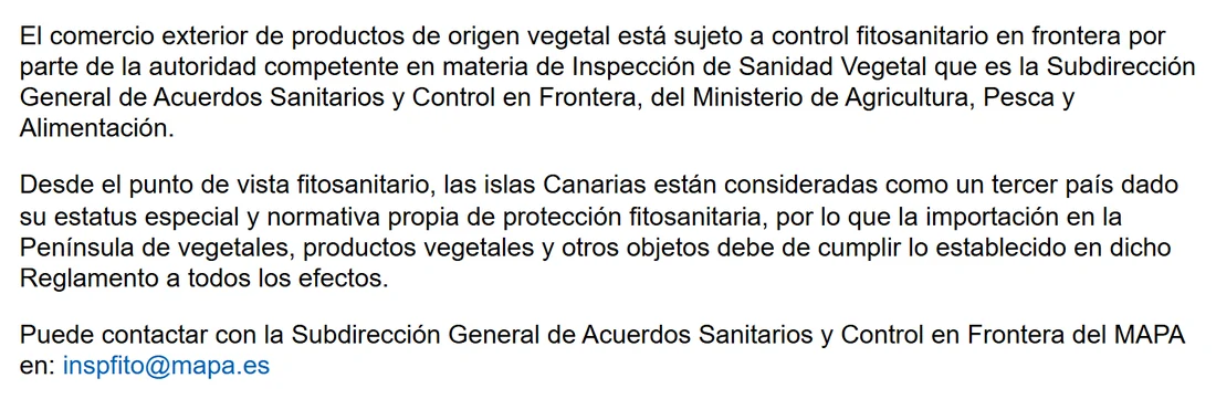 Captura de la página de la Agencia Tributaria sobre control fitosanitario de productos vegetales y el estatus de Canarias
