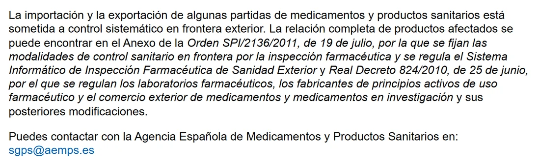Captura de la página de la Agencia Tributaria sobre medicamentos y productos sanitarios con control en frontera