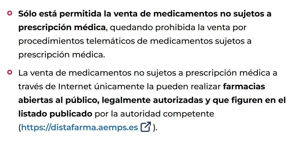Captura de la página de la AEMPS sobre la venta de medicamentos por internet solo en farmacias autorizadas