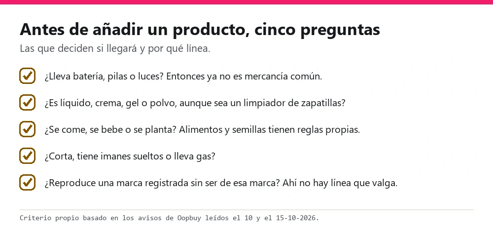Cinco preguntas antes de añadir un producto: batería, líquido, comida, corte o imanes, marca registrada