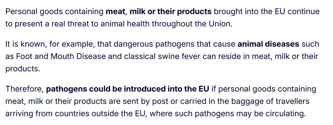 Captura de la página de la Comisión Europea sobre importaciones personales de carne y leche por correo o equipaje