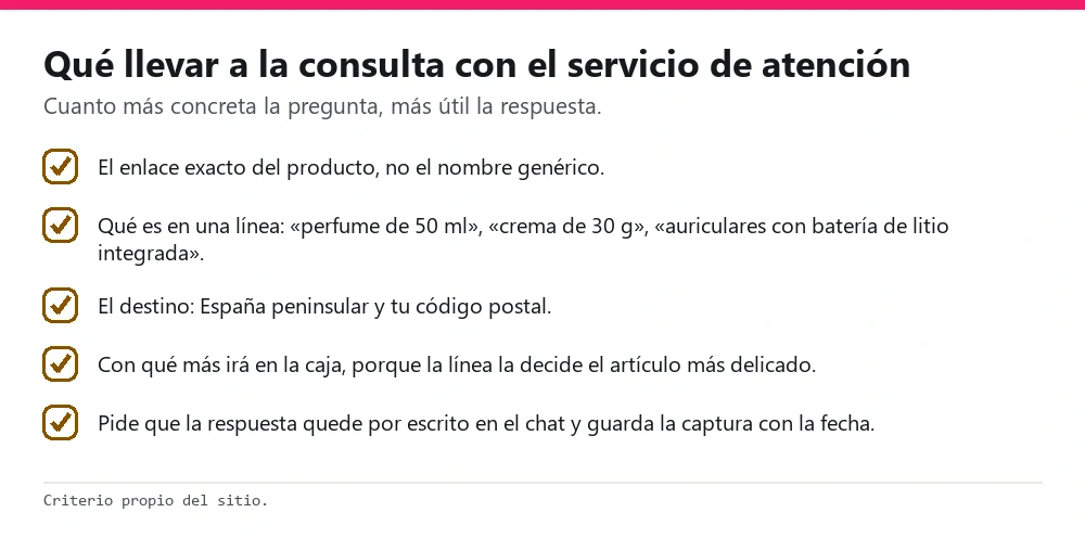Lista de cinco datos para llevar a la consulta: enlace, qué es, destino, qué más va en la caja y respuesta por escrito