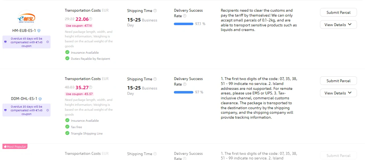 Captura del estimador de Oopbuy con dos líneas a España que admiten alimentos sin carne