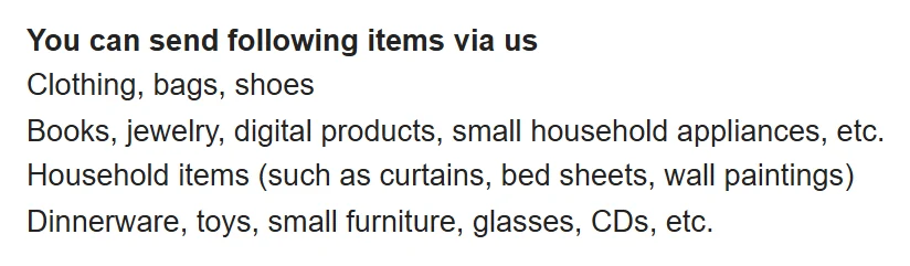 Captura del aviso de alcance de compra de Oopbuy con la lista de lo que sí se puede enviar, que incluye gafas