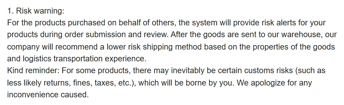 Captura del aviso de Oopbuy sobre alertas de riesgo durante el pedido