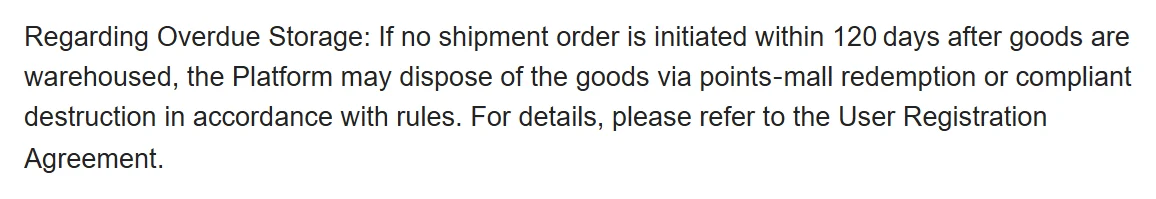 Captura de las normas de compra de Oopbuy sobre almacenamiento vencido a los 120 días