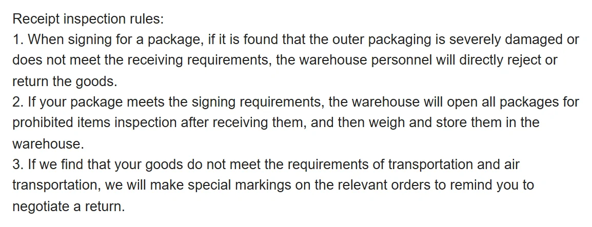 Captura de las reglas de inspección de Oopbuy: el almacén abre todos los paquetes para buscar artículos prohibidos