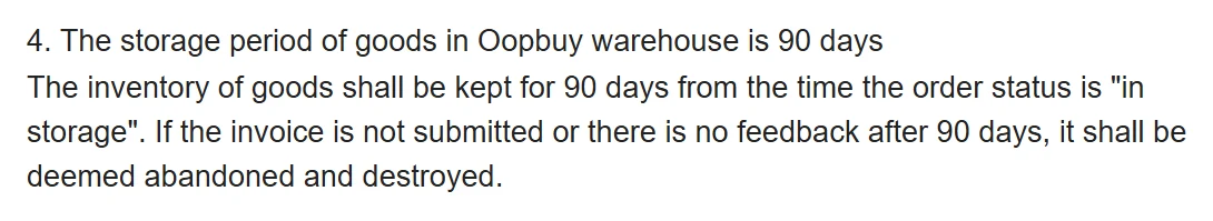 Captura del punto 4 del aviso antiguo de Oopbuy sobre 90 días de almacén y destrucción