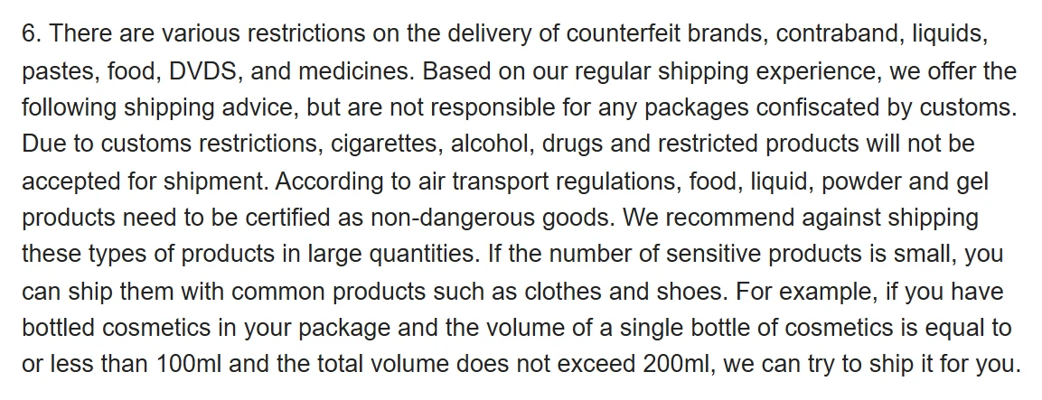 Captura del punto 6 del aviso antiguo de Oopbuy con el límite de 100 ml por frasco y 200 ml en total
