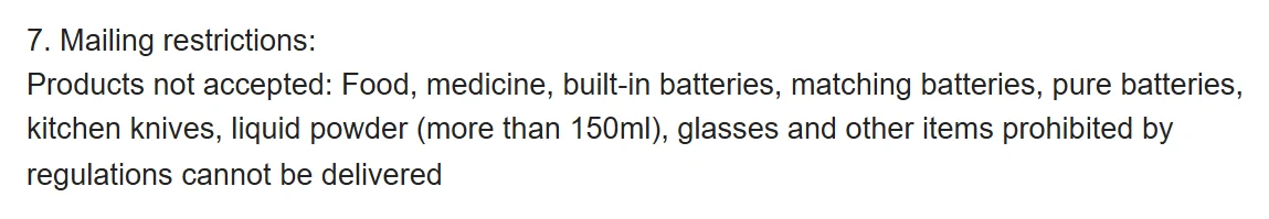 Captura del aviso de Oopbuy con la lista de productos no aceptados, que incluye gafas y baterías