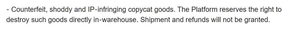 Captura de la cláusula de Oopbuy sobre destrucción en almacén de mercancía falsificada sin envío ni reembolso