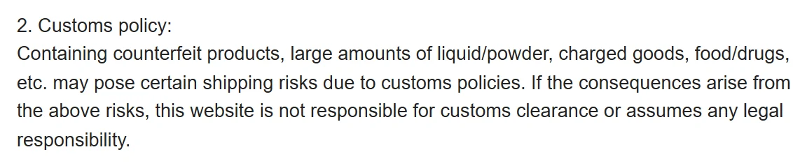 Captura del contrato de registro de Oopbuy sobre riesgos de aduana con imitaciones, líquidos, polvos, baterías, alimentos y medicamentos