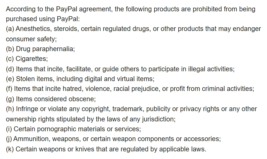 Captura de la lista de productos que no se pueden comprar con PayPal publicada por Oopbuy