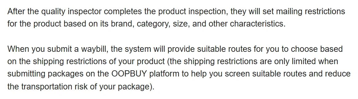 Captura del aviso de Oopbuy sobre restricciones de envío fijadas por el inspector